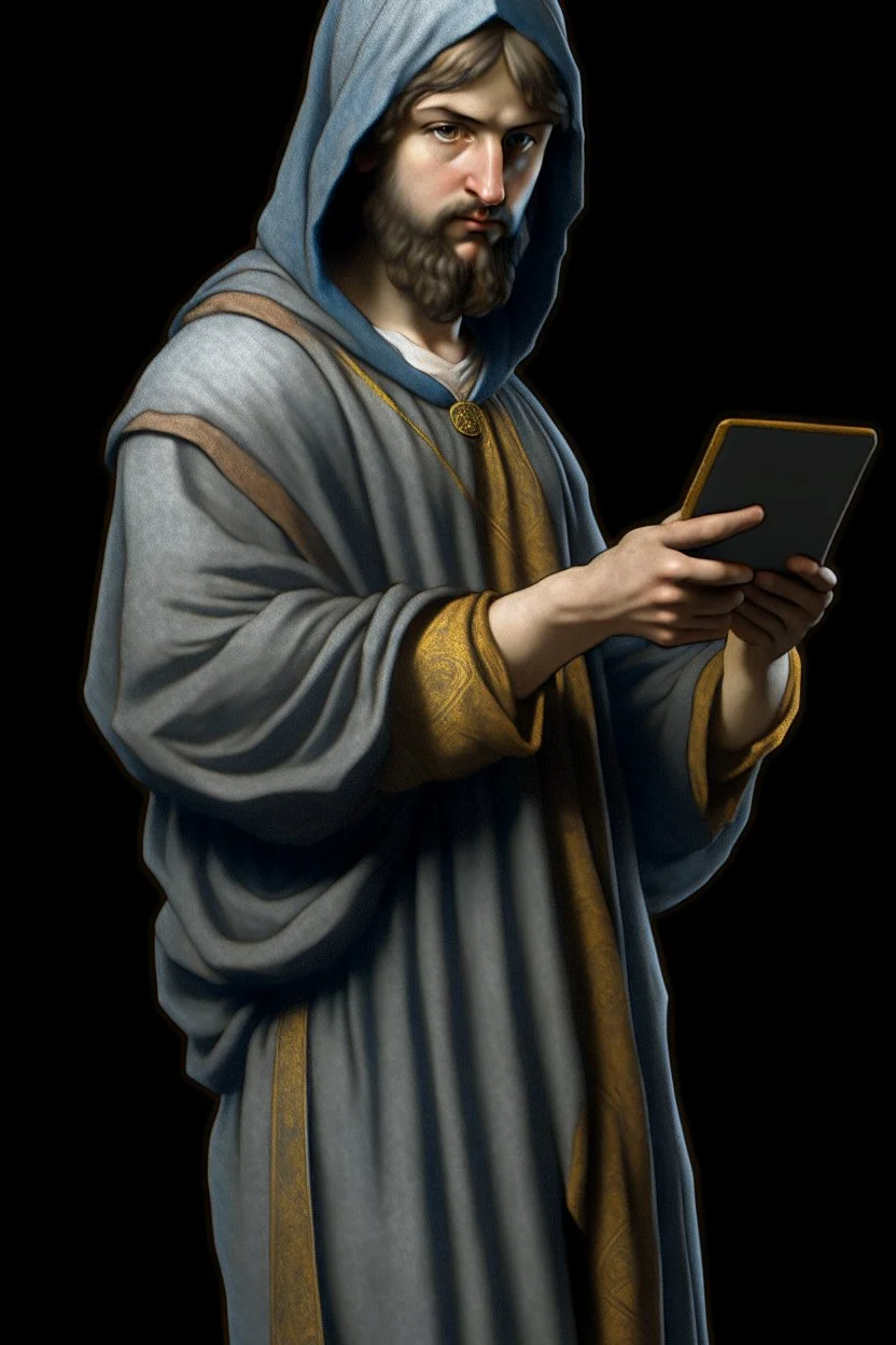 Modern man, hoodie, holding ipad, hand lower, looks like a renaissance painting.