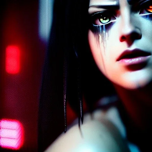 portrait oil on canvas, beautiful punk busty female Alita Battle Angel, intense stare, sad glowing eyes, post-apocalyptic in a cyberpunk city,minimal skintight latex dress, bladerunner movie poster, realistic, intriacte detail,rainy, sci-fi fantasy style, masterpiece, volumetric lighting, particles, highly detailed ,cinematic , deep colours,8k, in the style of Simon Beasly