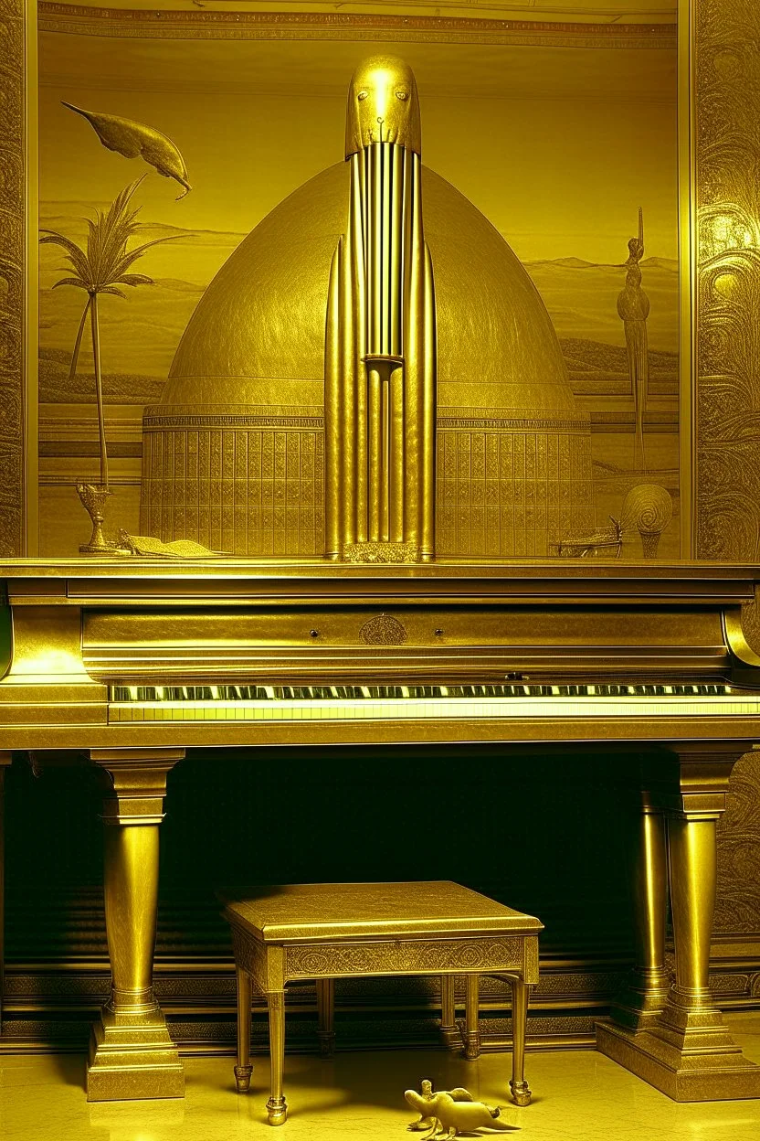 A gold piano and tuba shaped fortress designed in ancient Egyptian hieroglyphics painted by Birge Harrison