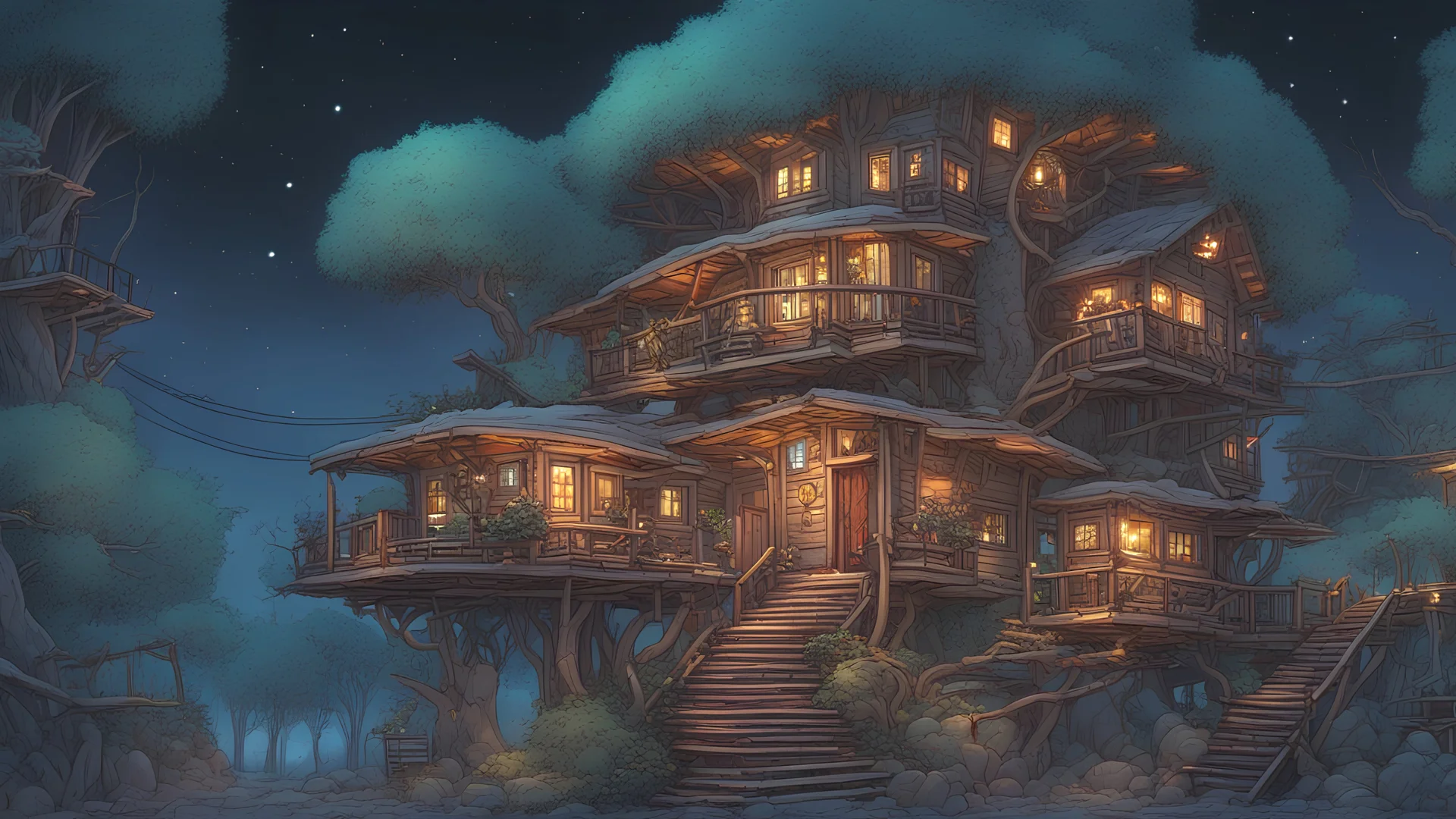 comic style, holistic, treehouse city in the jungle, under the snow, at night, 4k, very detailed, colorful