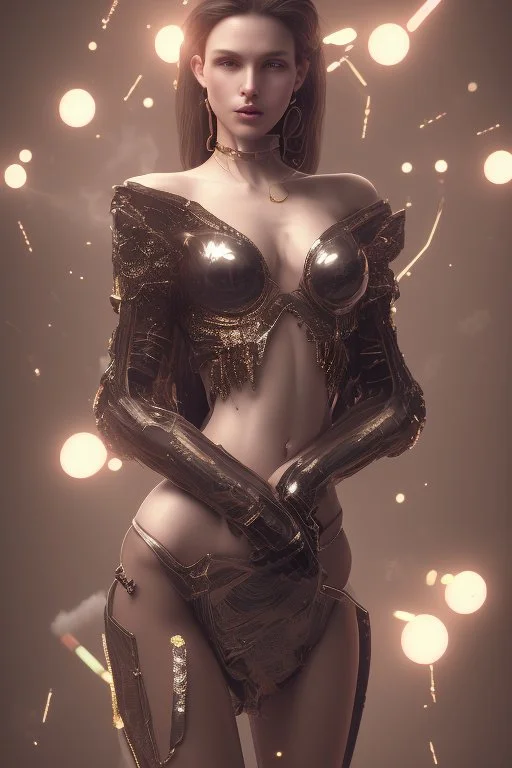 young, beautiful brunette with a perfect angry face, wearing black off shoulder dress, in a dance club, hands on her hips, sharp focus, emitting diodes, smoke, artillery, sparks, racks, system unit, motherboard, by pascal blanche rutkowski repin artstation hyperrealism painting concept art of detailed character design matte painting, 4 k resolution blade runner