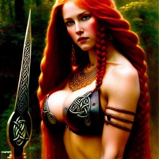 portrait 'beautiful Sexy busty Redhead Sif',Braids, celtic tattoed,painting by gaston bussiere, greg rutkowski, yoji shinkawa, yoshitaka amano, tsutomu nihei, donato giancola, tim hildebrandt, oil on canvas, cinematic composition, extreme detail,fit full head inside picture,32k