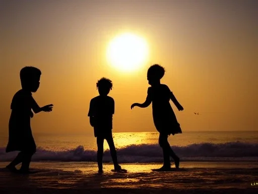 children playing on the Indian beach capture them against the sun and make an art silhouette, hyper details, real sharp, 8k, well detailed