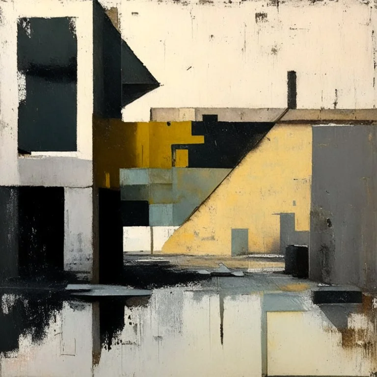 Minimal contemporary abstract oil paintings of desolate 1960s carpark with road markings and concrete fragments. Overlay with grungy typography graphics. style of Justin Mortimer and Francis Bacon.