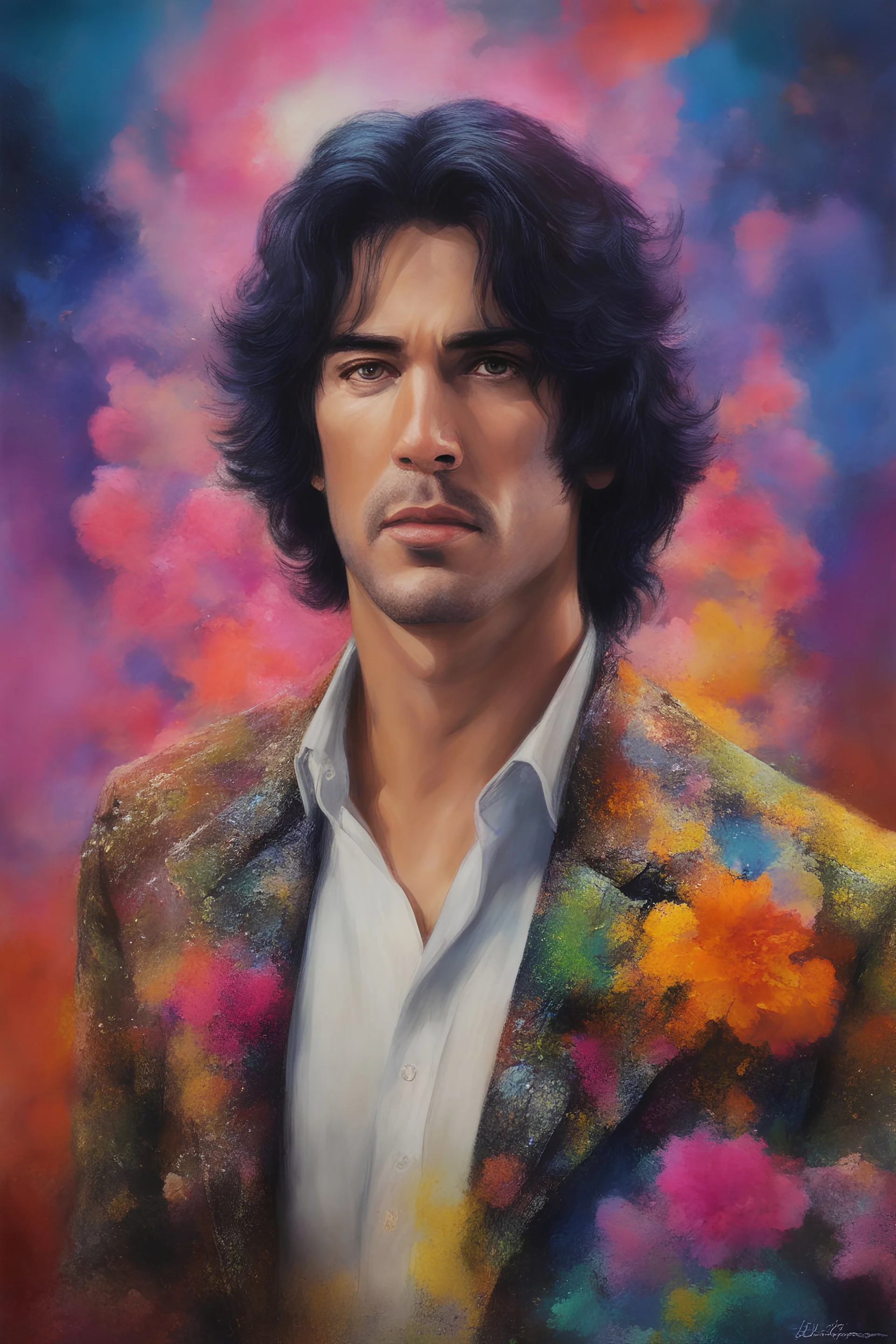 Paul Stanley/Elvis Presley/Keanu Reeves/Jon Bernthal mugshot, Planet of the Vulcans, multicolored, large, floral designs, atmospheric, beautiful, oil painting by Frank Frazetta, 4k UHD, Photorealistic, professional quality