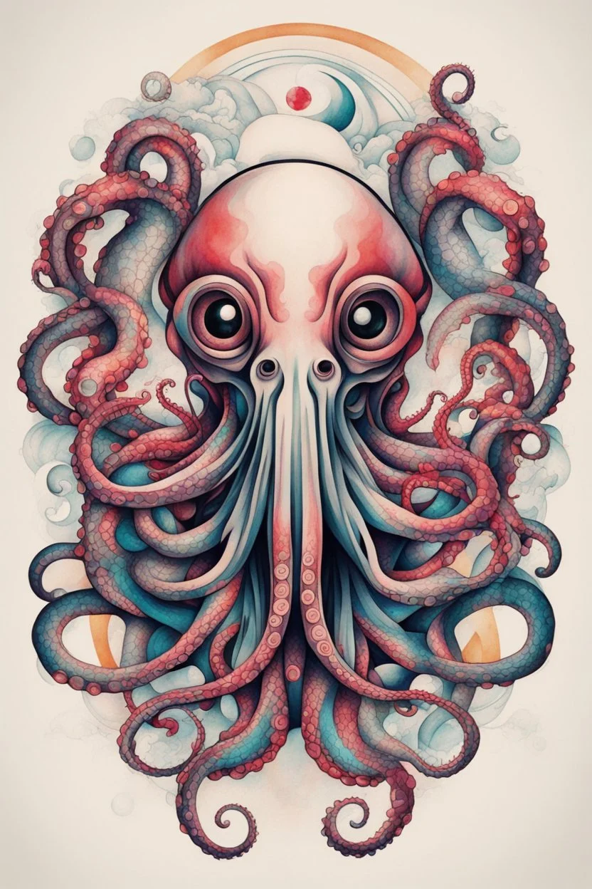 Create a captivating modern 2d colorfull ink tattoo design for print , prestigious (Sacred Octopus) using the elegant influences of japan art style, for print, dynamic elements from fashion and design, and bold Japanese contemporary art aesthetics, framing centered in the center, distanced from the edges of the paper perimeter, perfect anatomy, bauhaus, Divine Proportion,