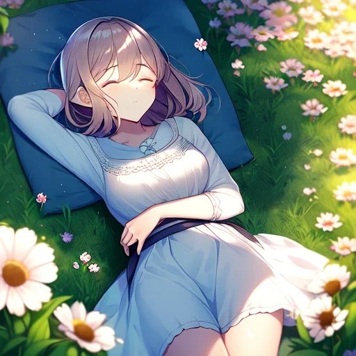 anime girl sleeping in a field of flowers, the girl is far away