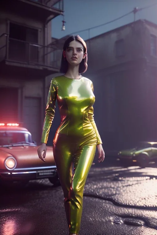 Ultra Realistic retro sci-fi, 1960 year, levitating cars, young woman quiet, latex suit, soft color, highly detailed, unreal engine 5, ray tracing, RTX, lumen lighting, ultra detail, volumetric lighting, 3d, finely drawn, high definition, high resolution.