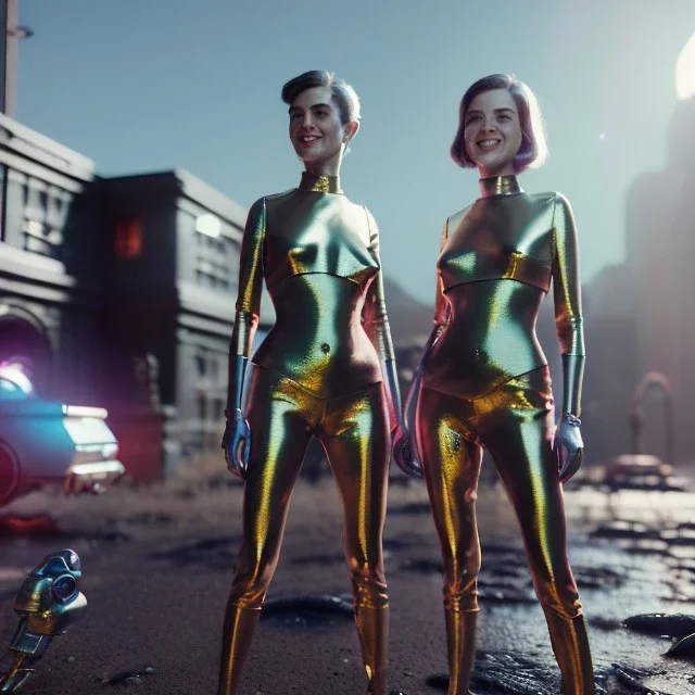 Ultra Realistic scene, retro futuristic style, 1960 fashion sci-fi. 2 Women, smile, happy. highly detailed, concept art, unreal engine 5, ray tracing, RTX, lumen lighting, ultra detail, volumetric lighting, 3d, finely drawn, high definition, high resolution.