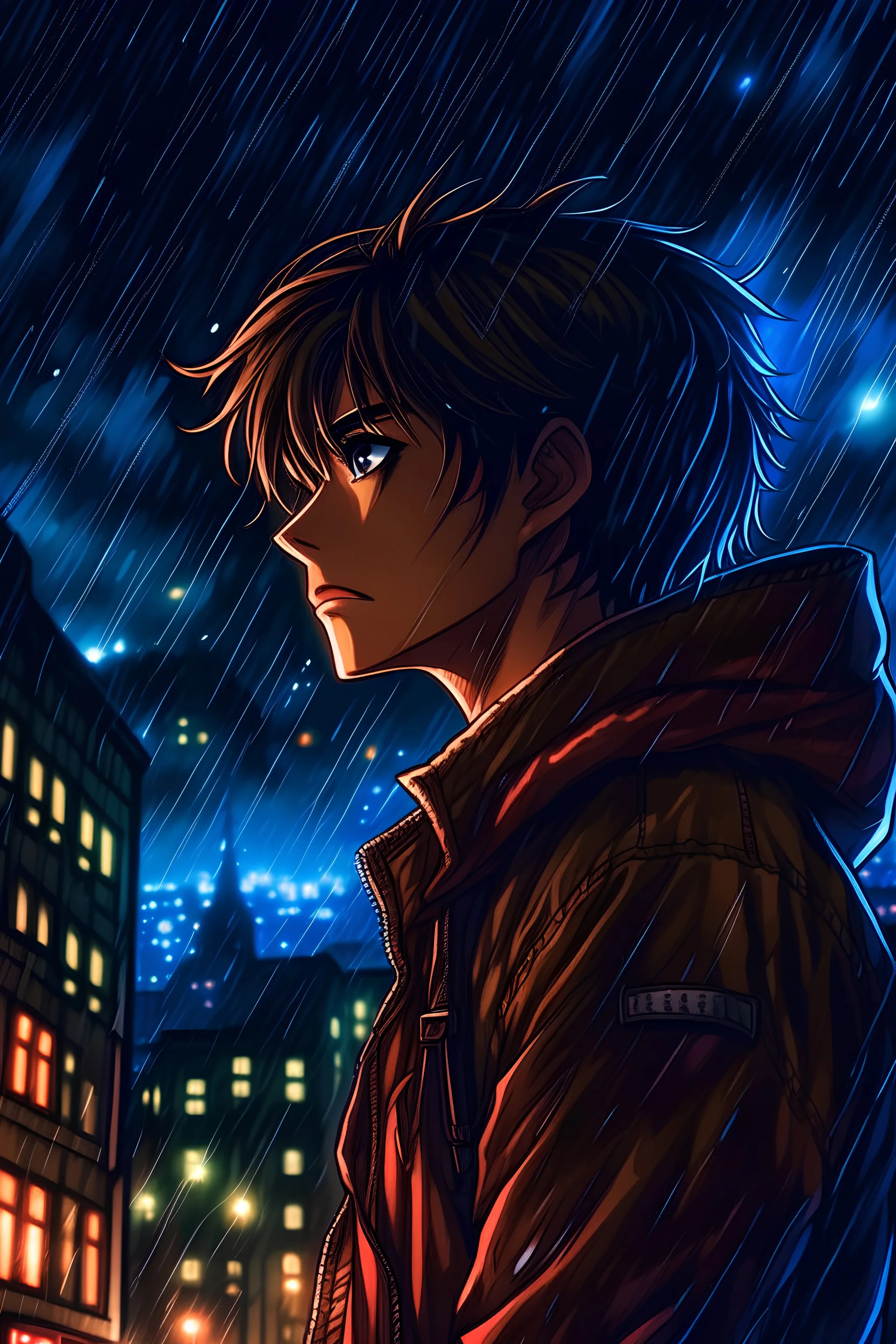 Eren Jager watching up on a rainy night in the city