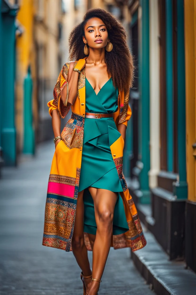 full body shot Young woman, 20 years old, wearing nice fashion dress walk in street,looking to camera soft sunlight accentuating the vibrant hues of her attire, high contrast, candid photo, natural light, ultra realistic