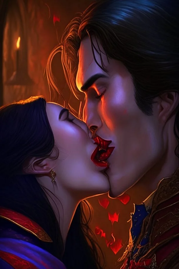 A couple from the dnd game curse of Strahd kissing, lips against lips