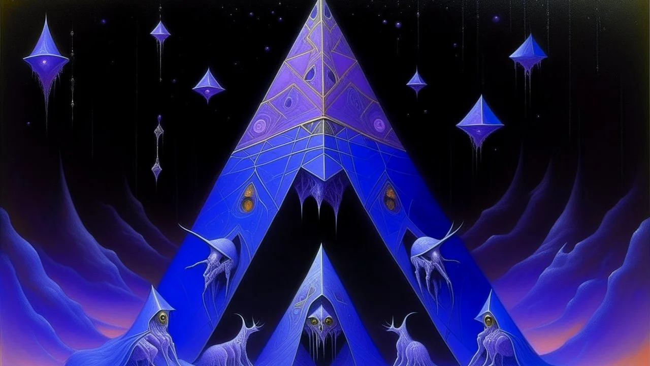 A purple haunted cosmic pyramid with ghosts painted by the Limbourg brothers