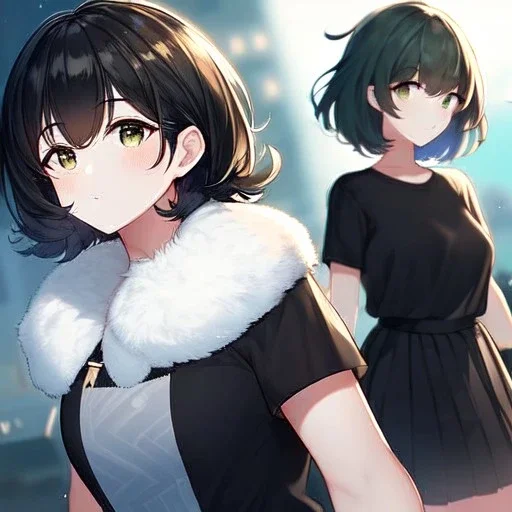 Clear focus, High resolution, black short hair, dark green eyes, wearing a black t-shirt and pleated black skirt, fluffy hair, detailed outfit, really fluffy hair