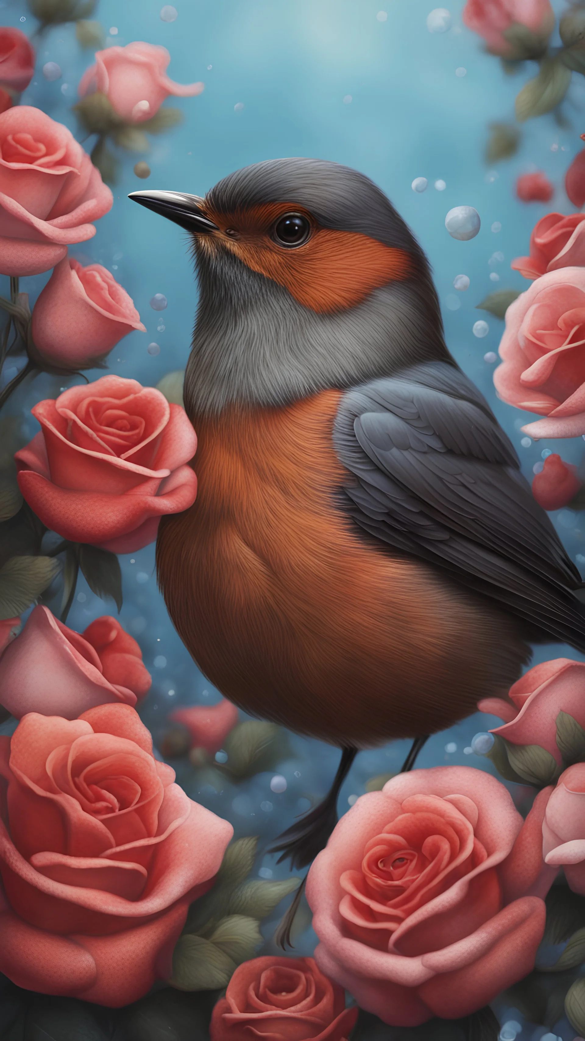 realistic giant robin bird headshot in a bed of roses under the ocean