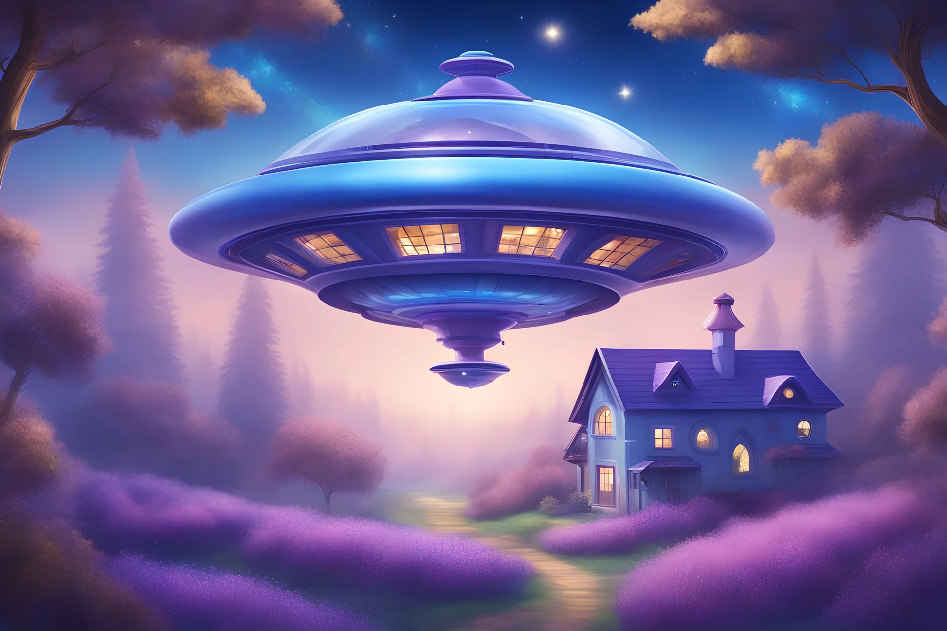 ufo blue spaceship traveling in the sky, transparent houses, cristal in lavender field, starry sky, beautiful fairy flying, butterflies in the forest