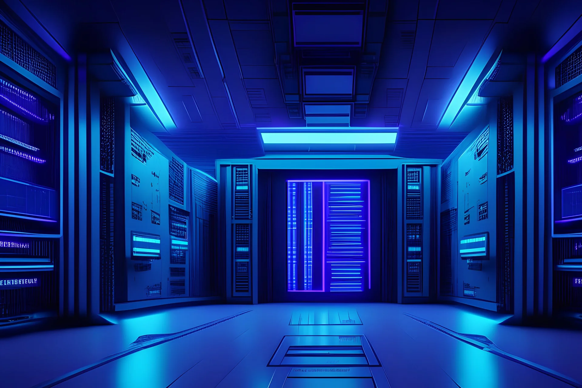 wide shot, a high tech retrofuturistic computer mainframe room, blue and ultraviolet color scheme