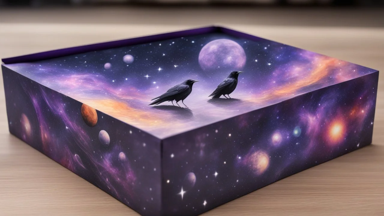 a box 10 cm long by 5 cm wide and 25 cm high, drawn on a box on all sides, space, tress, planets, crow galaxies a lot of colours purple, very realistic