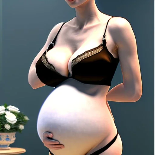 realistic photo of a 23-year-old beautiful guy, short men's hairstyle, short black hair, boyish face, beautiful women's cleavage, wide hips, big ass, pregnant in a satin lace dressing gown in a maternity ward