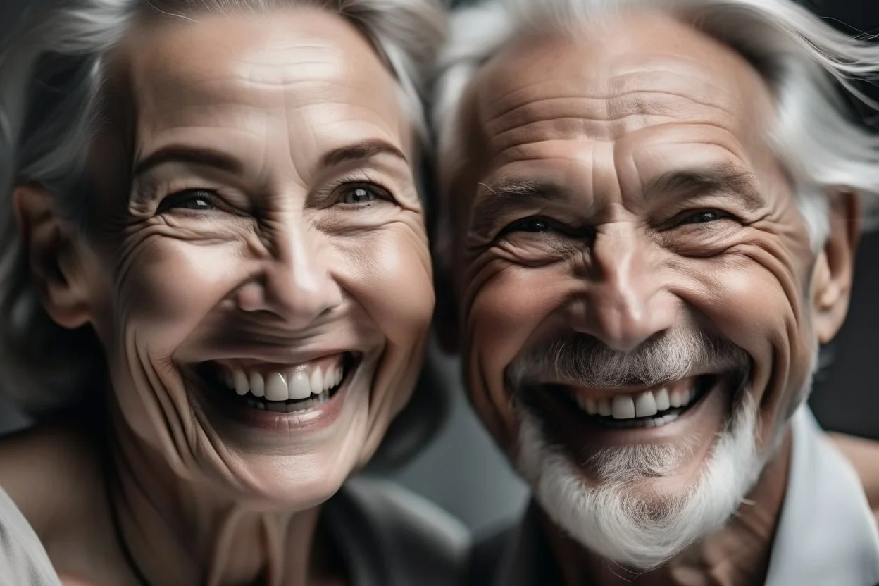 Beautiful gorgeous 50s mid age elderly senior model couple with grey hair laughing and smiling. Mature old man and woman close up portrait. Healthy face skin care beauty, skincare cosmetics, dental
