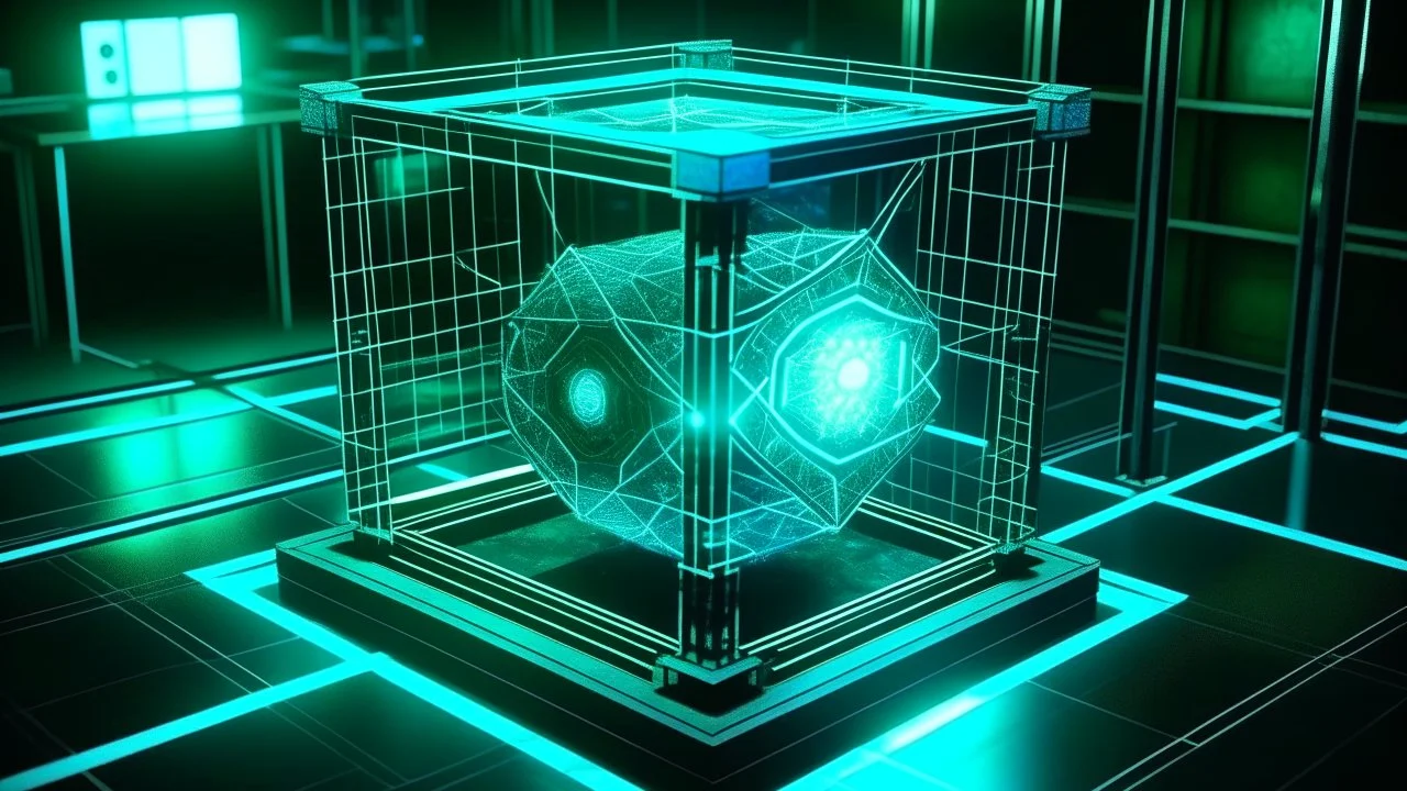 Cube tesseract from movie Loki. Tesseract should not be cropped. Located strictly in the middle of picture with navy blue/green glow inside tesseract. Without surface/table on which it stay.