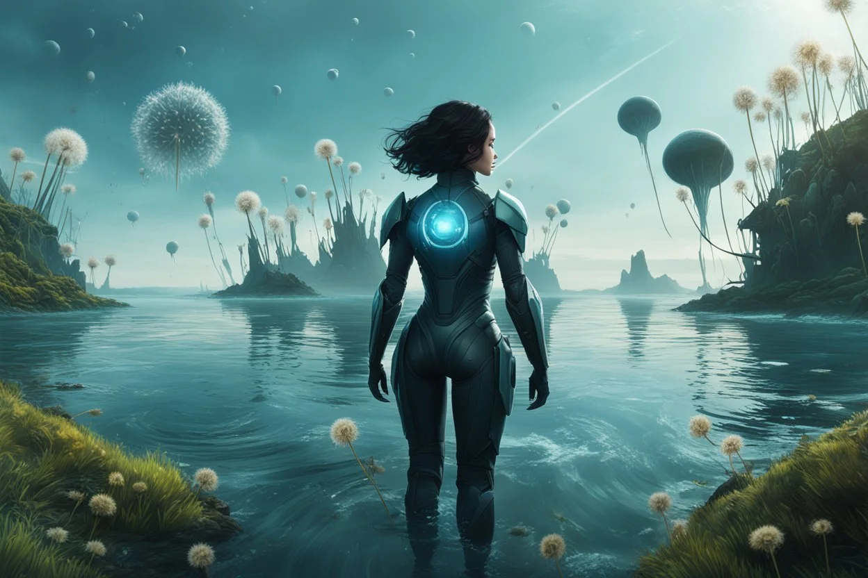 young woman in an android suit with dark hair, standing on the shore of an alien sea. Floating forests with dandelion tops in the distance