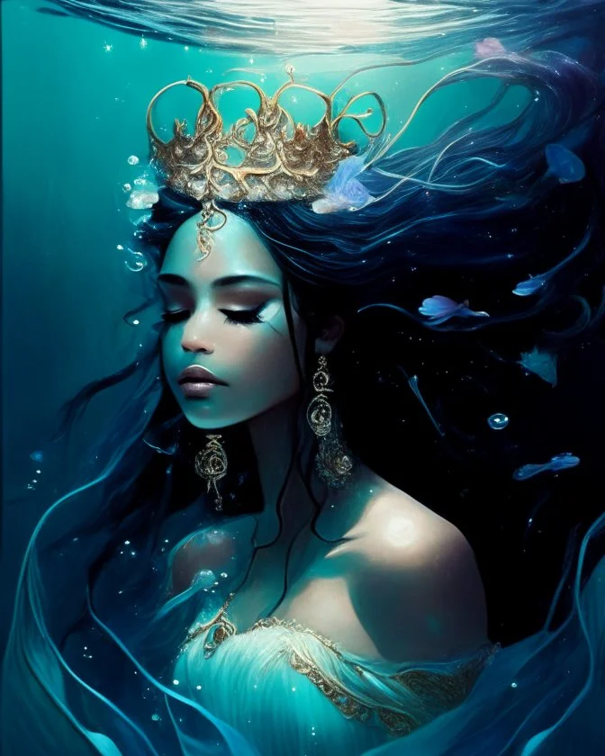 an ethereal portrait of a queen without face submerged in dark waters, white skin, hair covering his face, queen with her back, crown at the head, many jewels underwater, using soft, fluid brushstrokes and a dreamy color palette to convey the weightlessness and tranquility of being underwater.