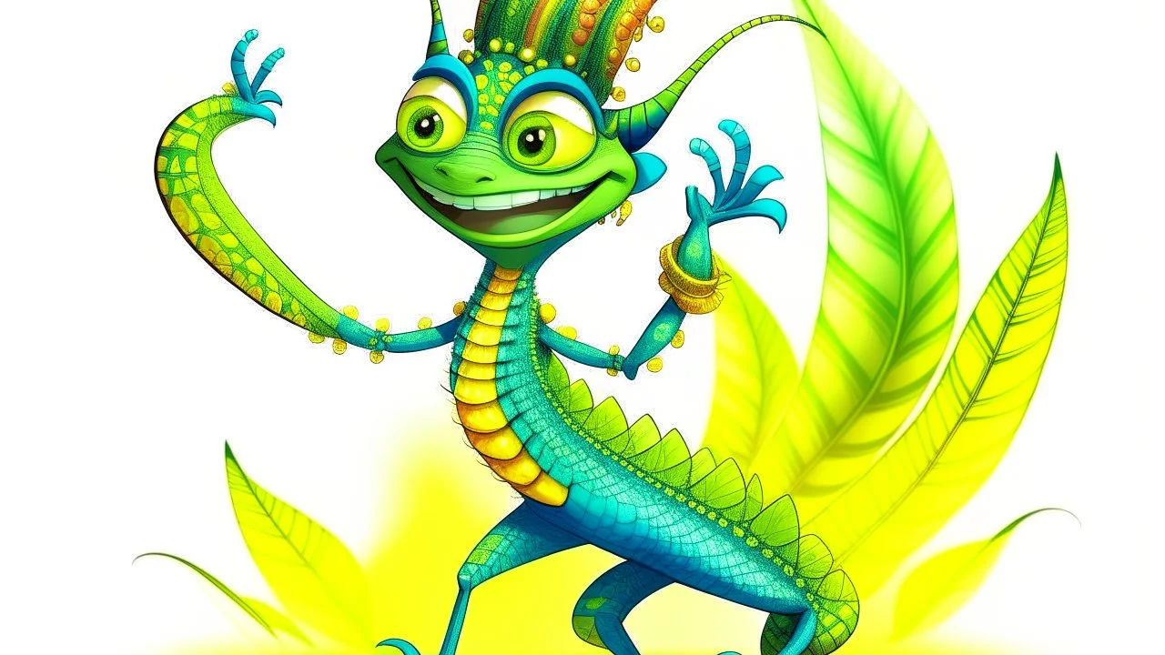 fantasy cartoon style illustration: the grasshopper has a radiant and vibrant carnival costume Rio de Janeiro, made from vibrant snake scales. The grasshopper has 2 hands!