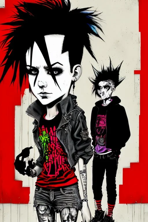 Act like a book cover designer. Use graffiti style. First plan: Three teenagers (13-15 years old) with a grimy black cat. Two boys- redhead, chubby, low, skinny, high, neutral emotion. The punk girl with black hair. In background punk rocker with red mohawk. Enviroment: old town.