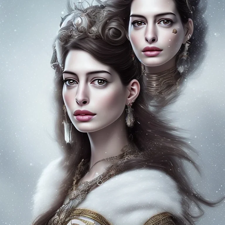 a wonderfull Anne Hathaway, viking fantasy, big curves, voluminous long black hair, ultradetailed fine art photo of a indian, weet face portrait, snow flakes particles, 55 mm