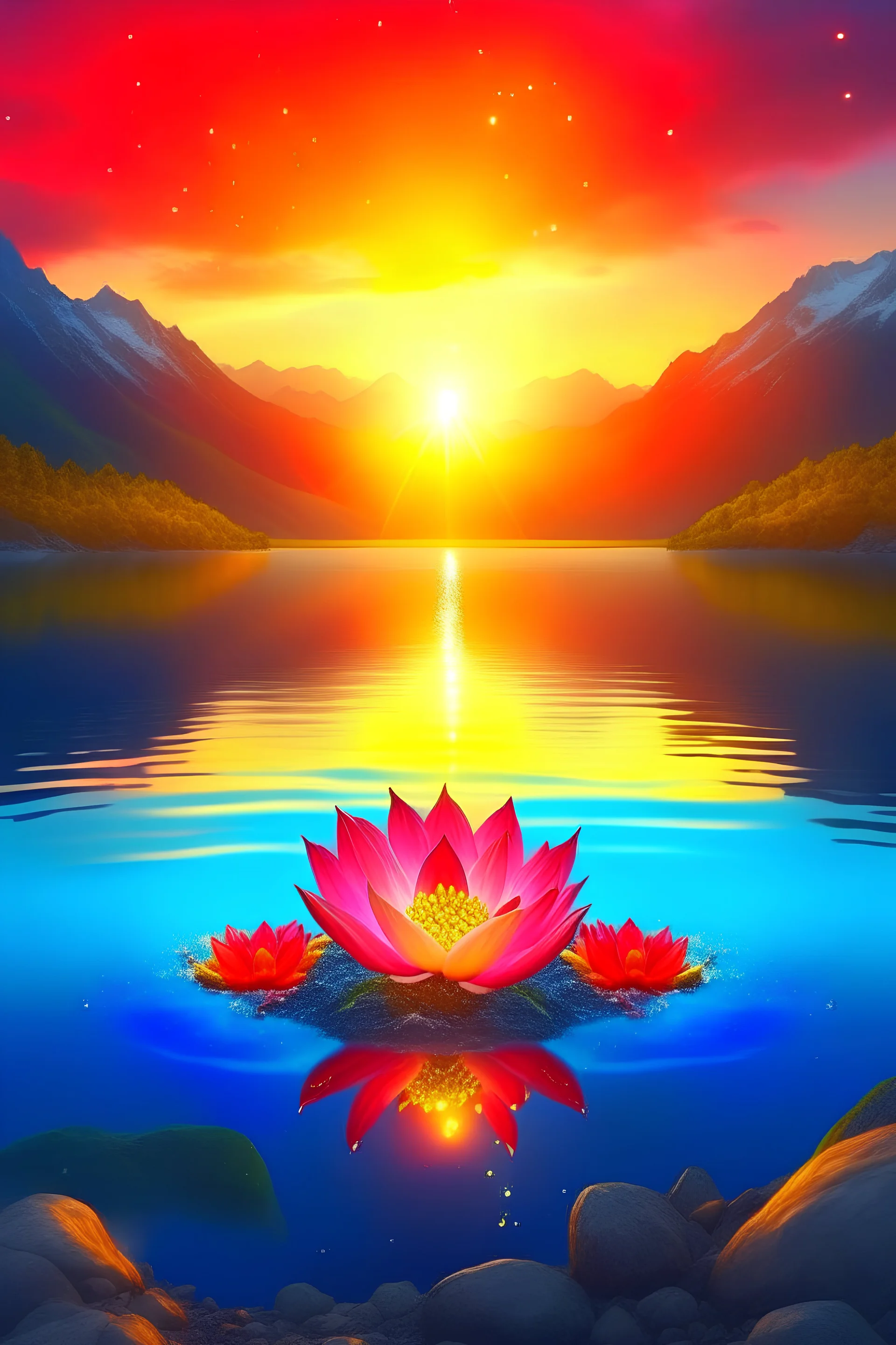 Water, air, little light fire on earth, Real swiss mountain, ocean landscape, heart lotus, Joy happiness, hyper real, sunrise, star