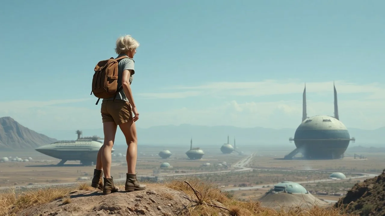 A photorealistic image of a slender 60-year-old woman, in brown shorts, a shirt and boots, with a backpack, standing on a hill looking down on a derelict sci-fi spaceport with low alien buildings.