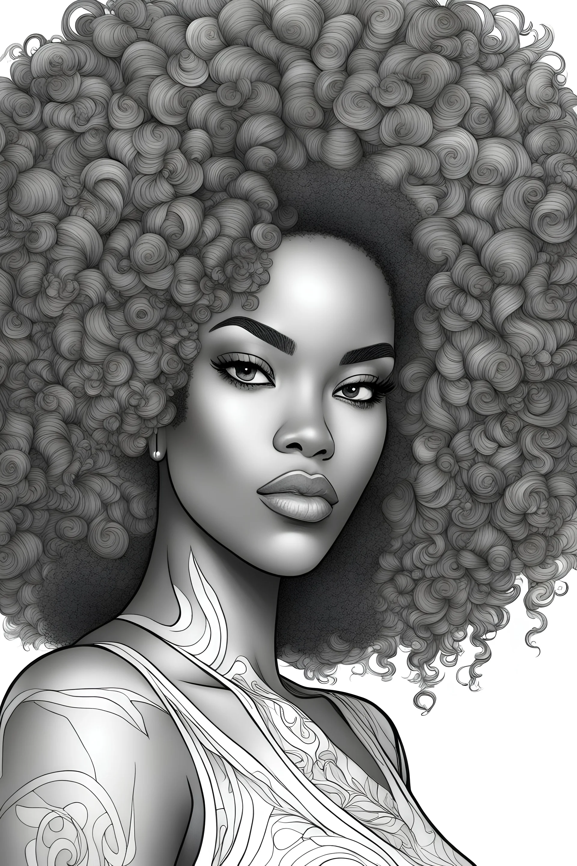 Create a coloring page of a beautiful curvy black female looking to the side with la curly afro. No shading, No color, define lines, clean lines