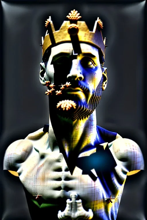 Ultra Realistic image, Roman sculpture, white marble material, Lionel Messi, gold crown of natural thorns, god crown, baroque ornaments, sun rays background, waist up portrait, epic, celestial, cinematic lighting, God lights, 4k resolution, smooth details, soft lighting, unreal engine 5, art station, substance 3d.