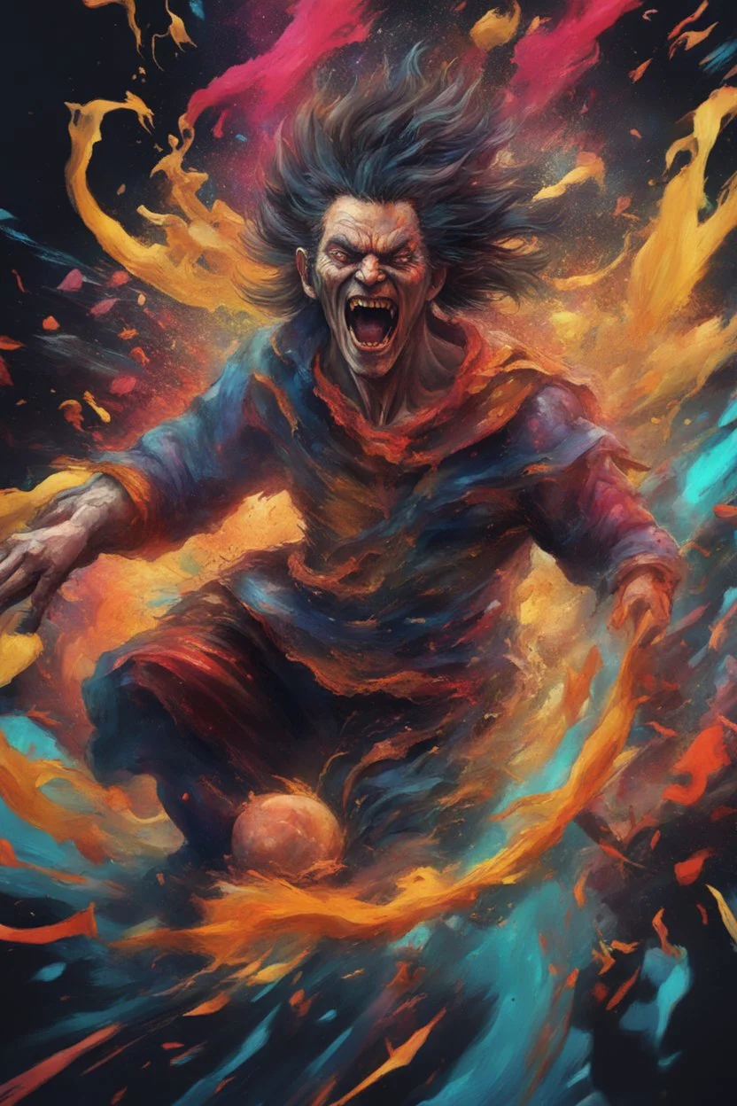 Man Going crazy, chaos, 8k realistic, high quality, abstract, clashing colours, anime style