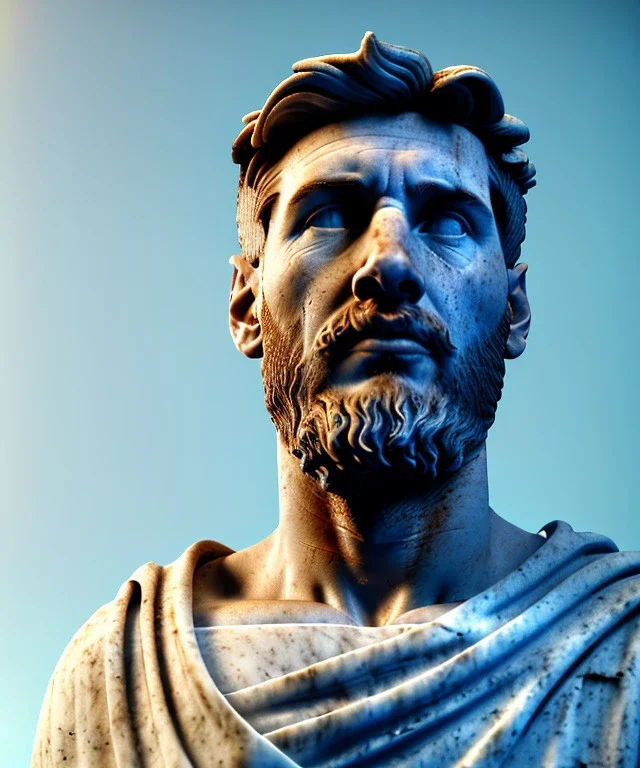 Ultra Realistic image, roman sculpture, white marble material, Lionel Messi, Greece Laurel crown, miguel angel style, chisel style, emperador, waist up portrait, epic, celestial, cinematic lighting, God light, god rays, 4k resolution, smooth details, ornate details, soft lighting, unreal engine 5, sky background.