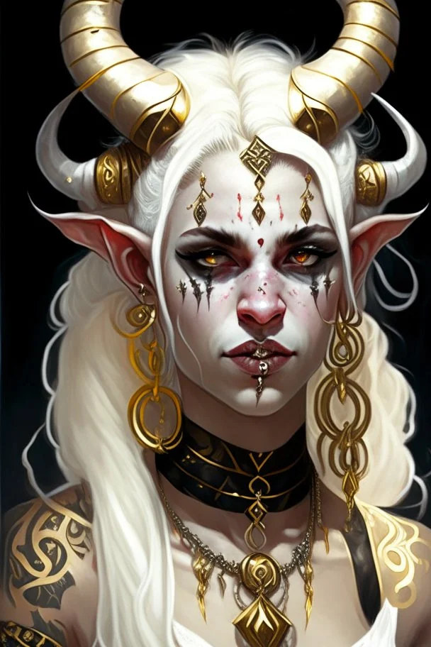 A young tiefling woman with a set of ram horns on her head encrusted with jewels, White-Blonde, ear length hair, black eyes, dressed in white and gold with lots of jewelry, beautiful, satanic tattoos on her neck, she is happy