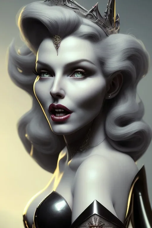 Rita Hayworth as evil queen in black leather, busty, cleavage, dominatrix, curvy, angry, stern look. character design by cory loftis, fenghua zhong, ryohei hase, ismail inceoglu and ruan jia. unreal engine 5, artistic lighting, highly detailed, photorealistic, fantasy