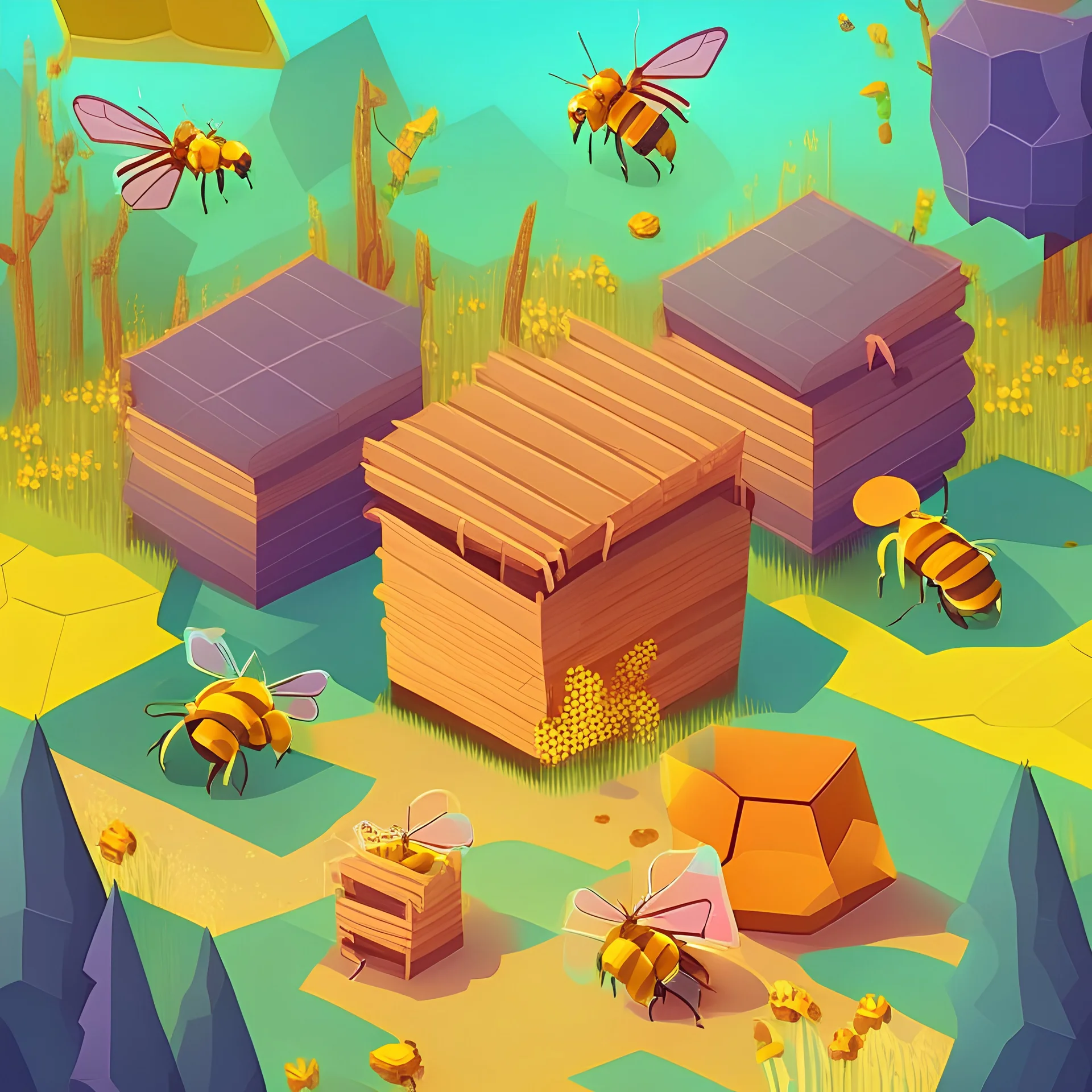 Design background with a honey and bee farm to make the house away and I want green mountains I want farmers and houses for bees and a farmer holding a honey box