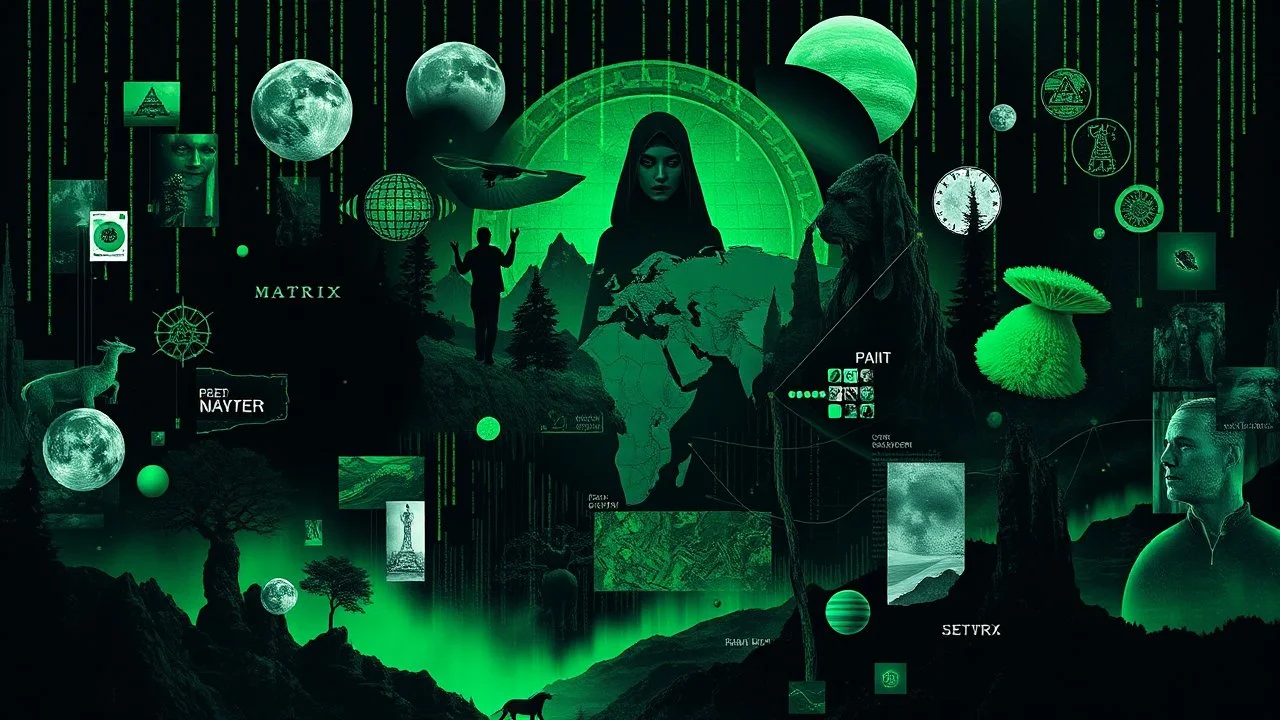 mistake in Matrix world, black and neon green digital collage of various images and elements, shapes, human siluette , animals, dark shadows, planets, abstract symbols, circle, fog, plants, tree, maps, storm, mountains, weird things, pain, ruins. The collage is composed of distorted , shapes and silver layers, creating a sense of confusion and horror. Deep, dark colors, surreal mood, The images and elements are related to the themes of surrealism, paranoia, thriller, weird mood