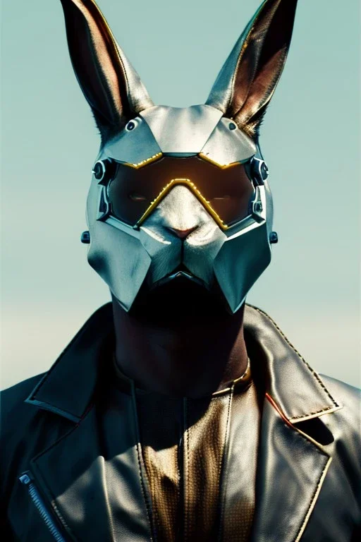 Medium Close Up Portrait, Front image. cyberpunk, rabbit mask, British man, white short hair. leather, gold suit. White, black, red, color. Retro futuristic style. Color background, photo studio. Avatar image, highly detailed, concept art, smooth, unreal engine 5, god rays, ray tracing, RTX, lumen lighting, ultra detail, volumetric lighting, 3d, finely drawn, high definition, high resolution.