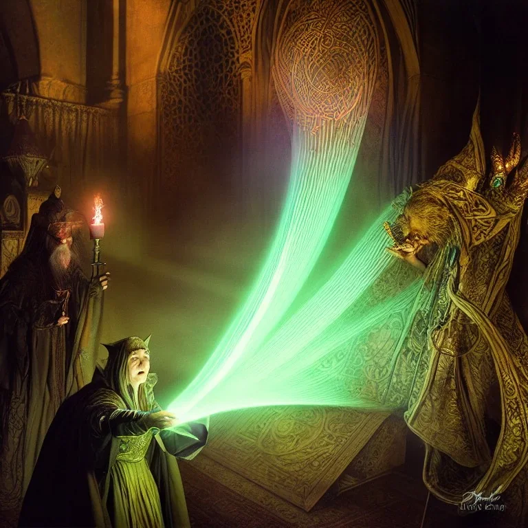 Cleric casting a magic spell, projecting hologram, 8k resolution, high-quality, fine-detail, iridescent, intricate, detailed matte, volumetric lighting, illustration, brian froud, howard lyon, selina french, anna dittmann, annie stokes, lisa parker, greg rutowski