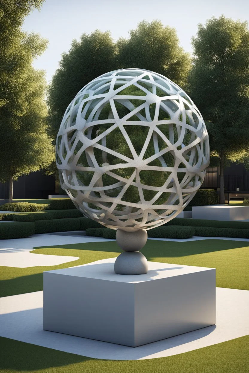 оформление территории со статуей шара виде атома/молекула. Сделать поверхность шара похожей на модель атома или молекулы, используя геометрические формы, светящиеся элементы или проекцию. . Для этого можно использовать различные геометрические формы, такие как круги, треугольники, шестиугольники и т. д., чтобы создать абстрактное изображение структуры атома или молекулы. Кроме того, возможно использование светящихся элементов, чтобы придать статуе особую магическую атмосферу и привлечь внимание