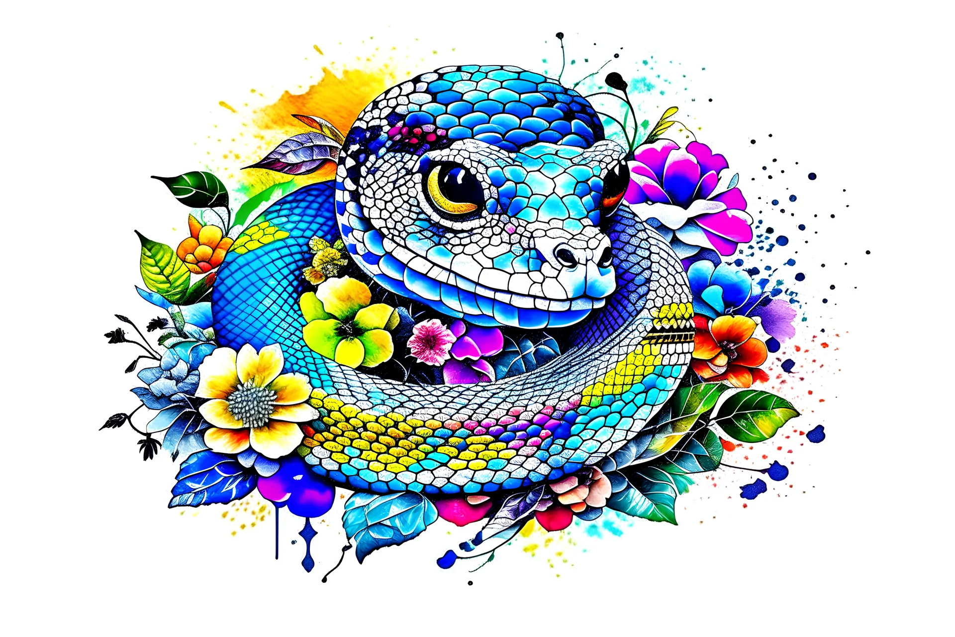 Snake head in the watercolor style of david paul seymour with flowers and vibrant hues