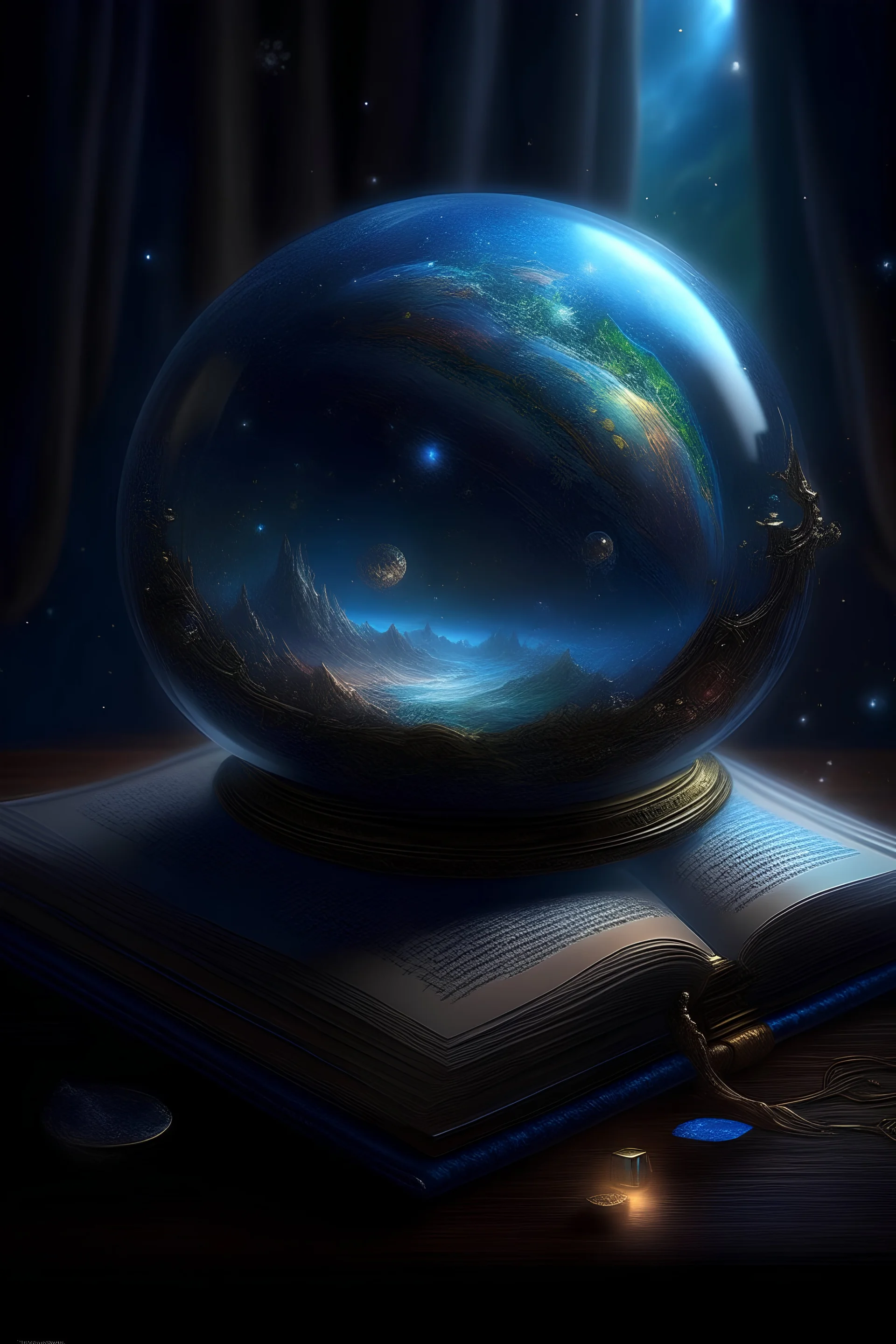 An epic book with space, stars, galaxies, clouds, planets, and the sea glowing inside. Hyper Detail Glass, Soft Light, Glitter, Professional Photo, Beautiful, 3D, Realistic, 64K, Hyperrealism. Highly detailed digital painting, high resolution, high detail, mysticism, backlight, fantasy, atmosphere, painting, gothic art, realistic, noir, dark tones, color engraving, professional illustration