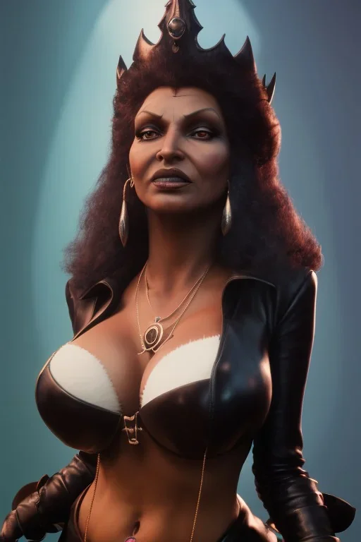 Pam Grier as evil queen in black leather, leather, busty, cleavage, angry, stern look. character design by cory loftis, fenghua zhong, ryohei hase, ismail inceoglu and ruan jia. unreal engine 5, artistic lighting, highly detailed, photorealistic, fantasy