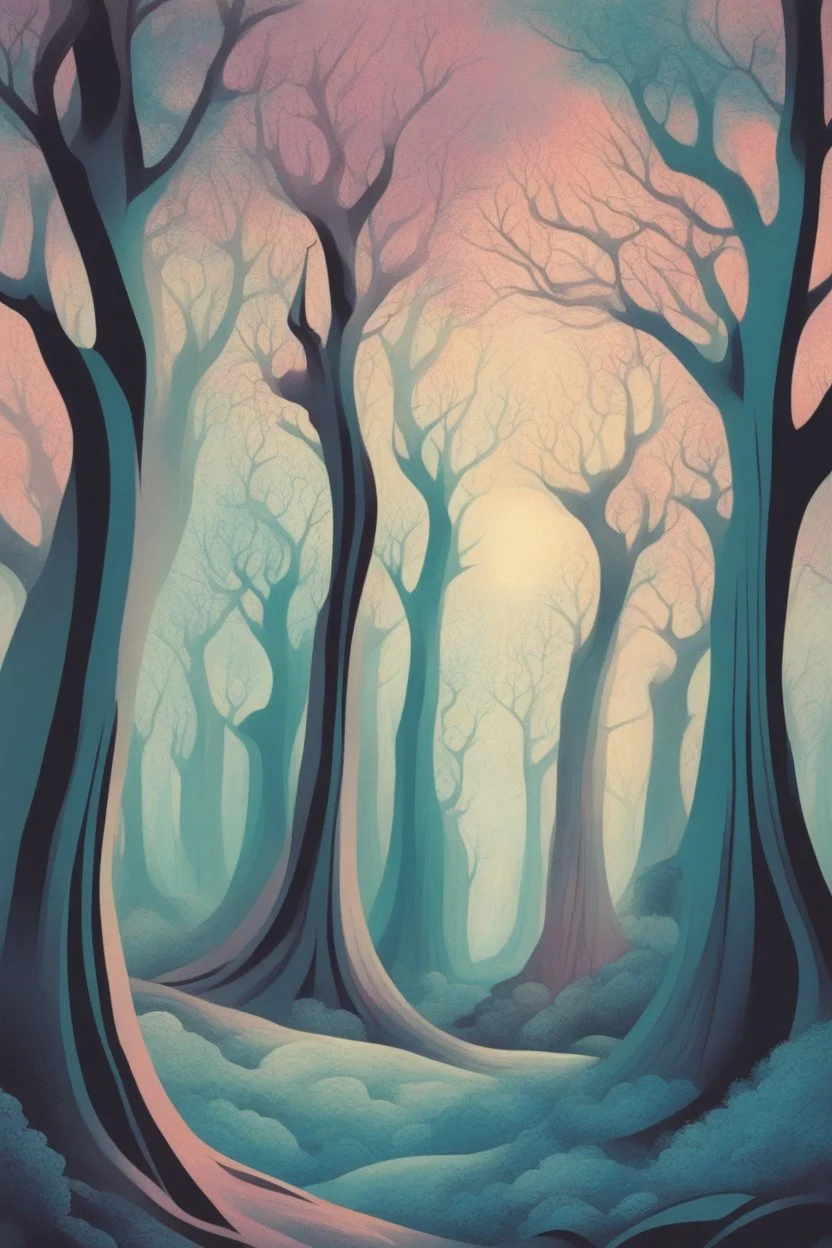 old illustration of weird trees, style of Eyvind Earle, pastel colors