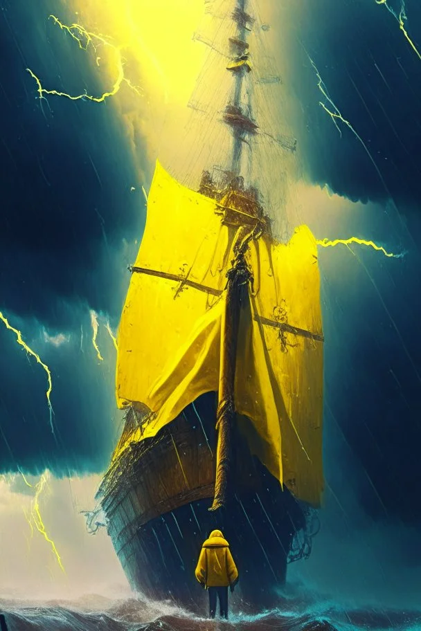 dead seafarer in yellow raincoat on enormous living wooden ship, storm clouds, lightening, volumetric light,depth of field, fantasy art, 4k, highly detailed, sunbeam