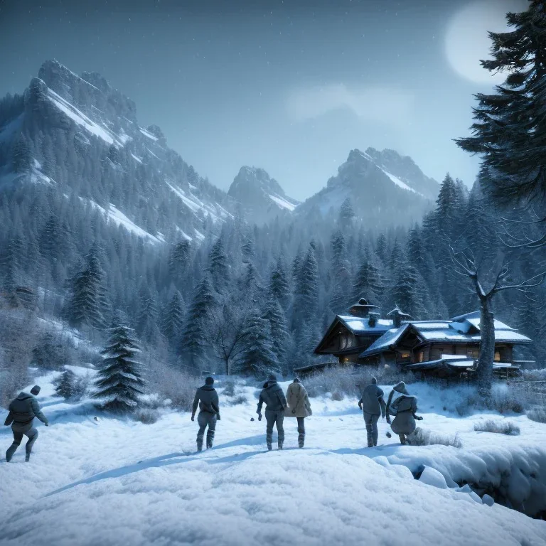 Five people hunting in a snowy forest, sense of fear, mountain hut in the background, Alps, night, 8k, HD, cinematography, photorealistic, Cinematic, Color Grading, Ultra-Wide Angle, Depth of Field, hyper-detailed, beautifully color-coded, insane details, intricate details, beautifully color graded, Cinematic, Color Grading, Editorial Photography, Depth of Field, DOF, Tilt Blur, White Balance, 32k, Super-Resolution, Megapixel, ProPhoto RGB, VR, Halfrear Lighting, Backlight, Natural Lighting