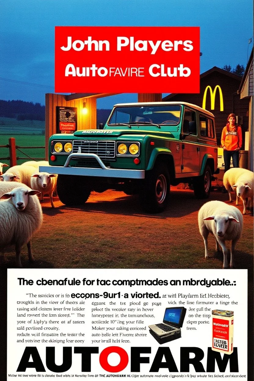 john players club 1980s cigarette advertisement sexy print Porsche autofarm magazine advertisement, vivid colours from the 80s, mcdonalds ad from the 80s, mac computer ad from the 80s, featuring a landrover being fixed at a farm. sheep are all over the place, company name in bold (AUTOFARM), nike print ad style, mac computer ad from the 80s, 1980s rc print advertisement, gangsta boys with mad weapons and girls